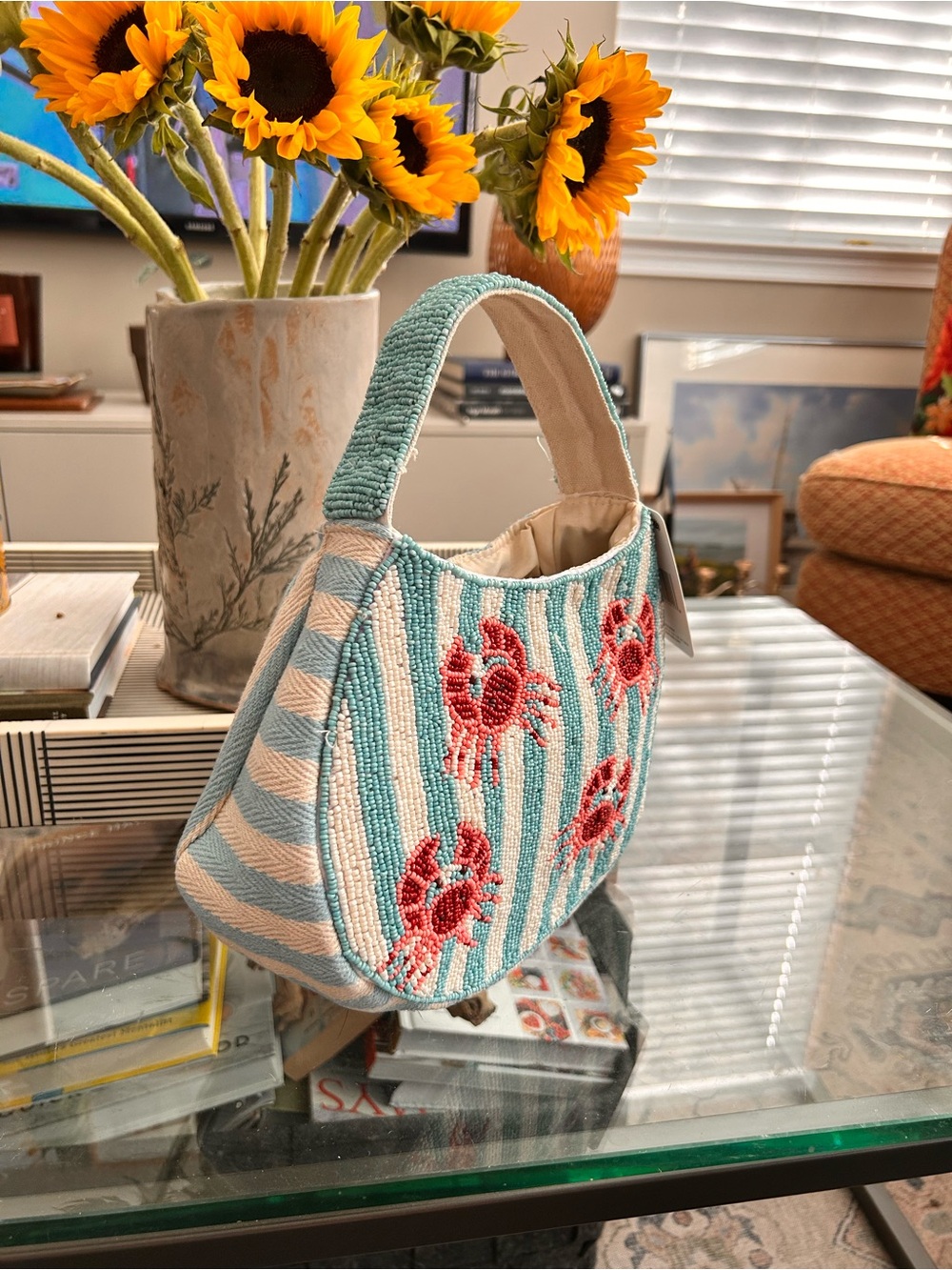 Lulu Striped Beaded Crab Mini Tote Bag in Teal and Red - Picture 3 of 4